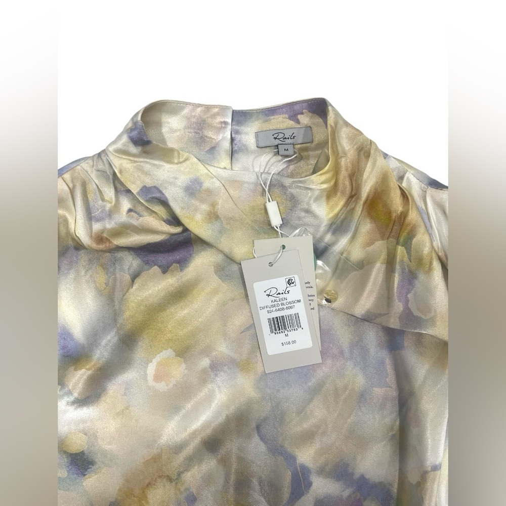 NWT Rails Satin Draped Kaleen Top Blouse Diffused Blossom Mock Neck Pastel - Picture 9 of 12